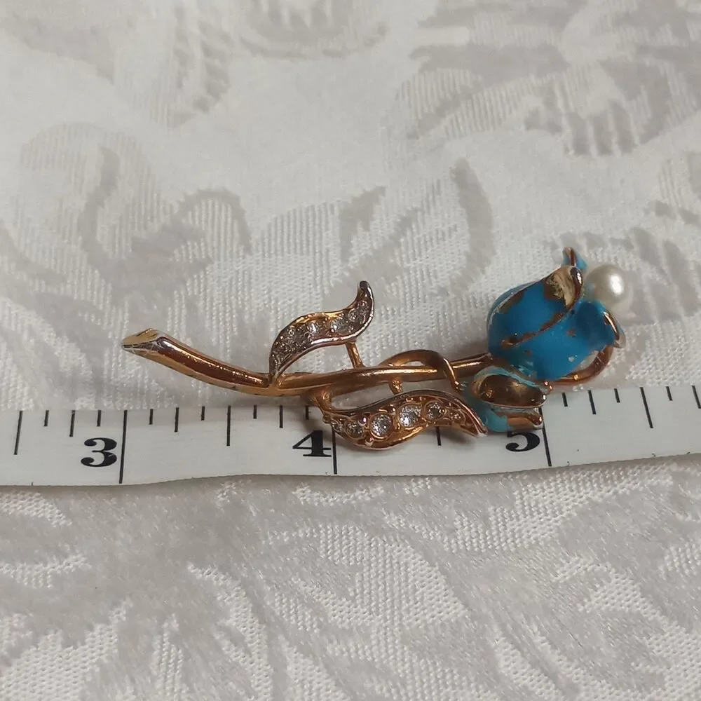 Enameled Teal Vintage Tulip Flower Brooch, Rhinestones faux pearl pot metal 2.5